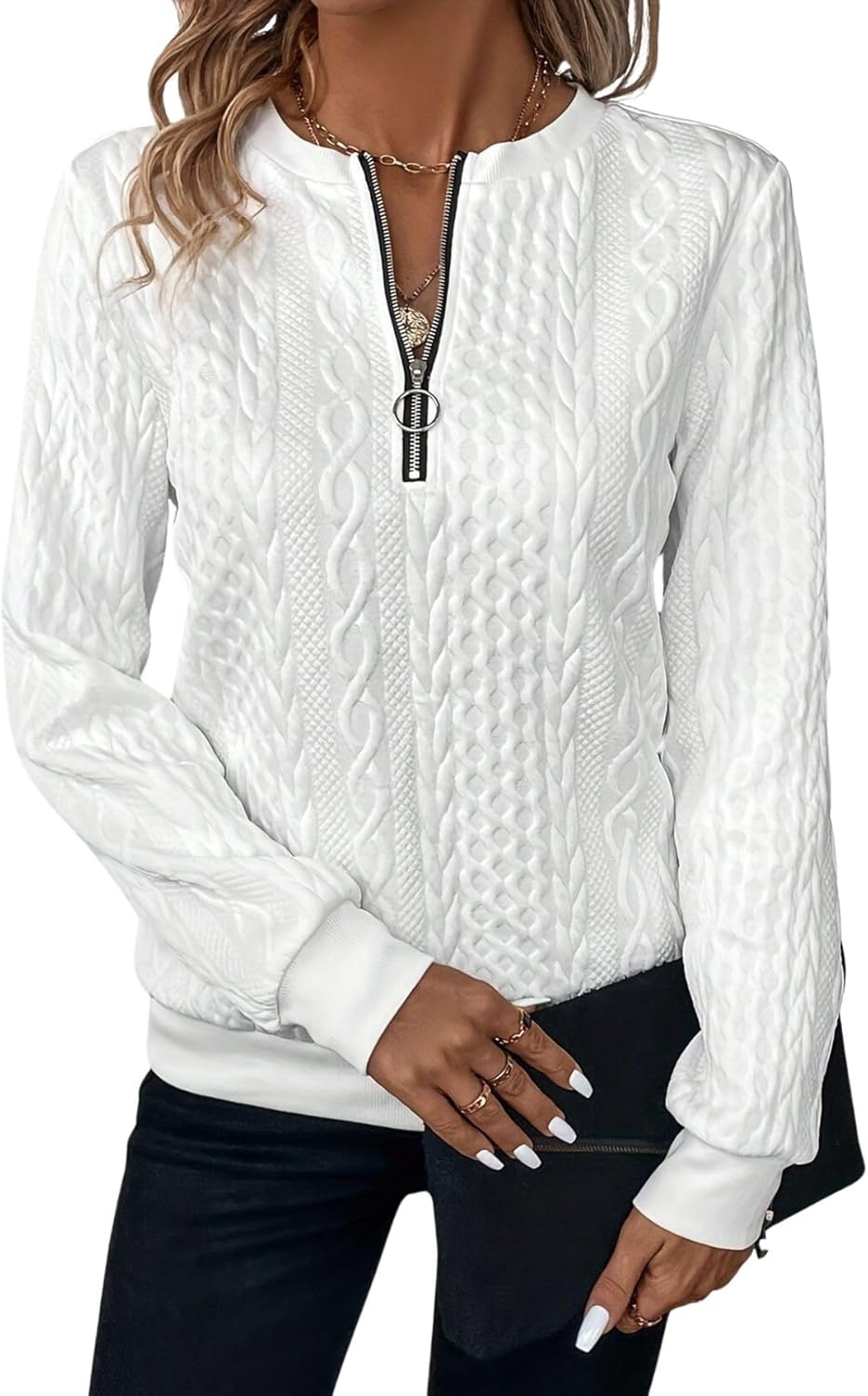 HOTYD Womens Half Zip Cable Knit Sweatshirts Crewneck Long Sleeve Textured Solid Color Sweatshirt Fall Clothes for Women 2025