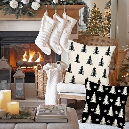 Miniatura 5 de Juego de 4 fundas de almohada de Navidad de 18 x 18 pulgadas, fundas de almohada de árbol de Navidad a cuadros negros y blancos, fundas de cojín