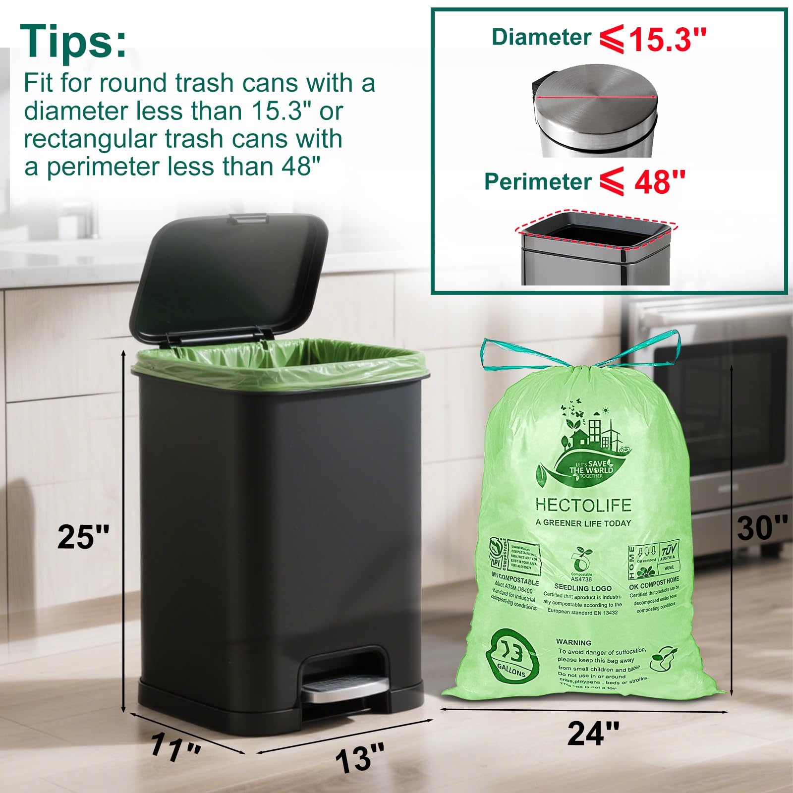 HECTOLIFE Bolsas de basura compostables de 13 galones, bolsa de residuos de comida de cocina, ASTM D6400, certificación US BPI y Europe OK Compost Home, 200 unidades