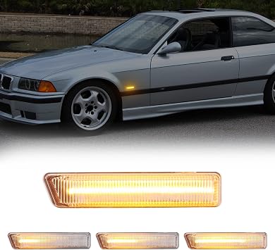 Sequential LED Turn Signal Light Replacement for 3 Series E36 316i, 318i, 318is, 320i, 323i, 328i 1997-1999, X5/E53 1999-2006, Clear Lens Front Amber Dynamic Indicator Side Marker Lamp