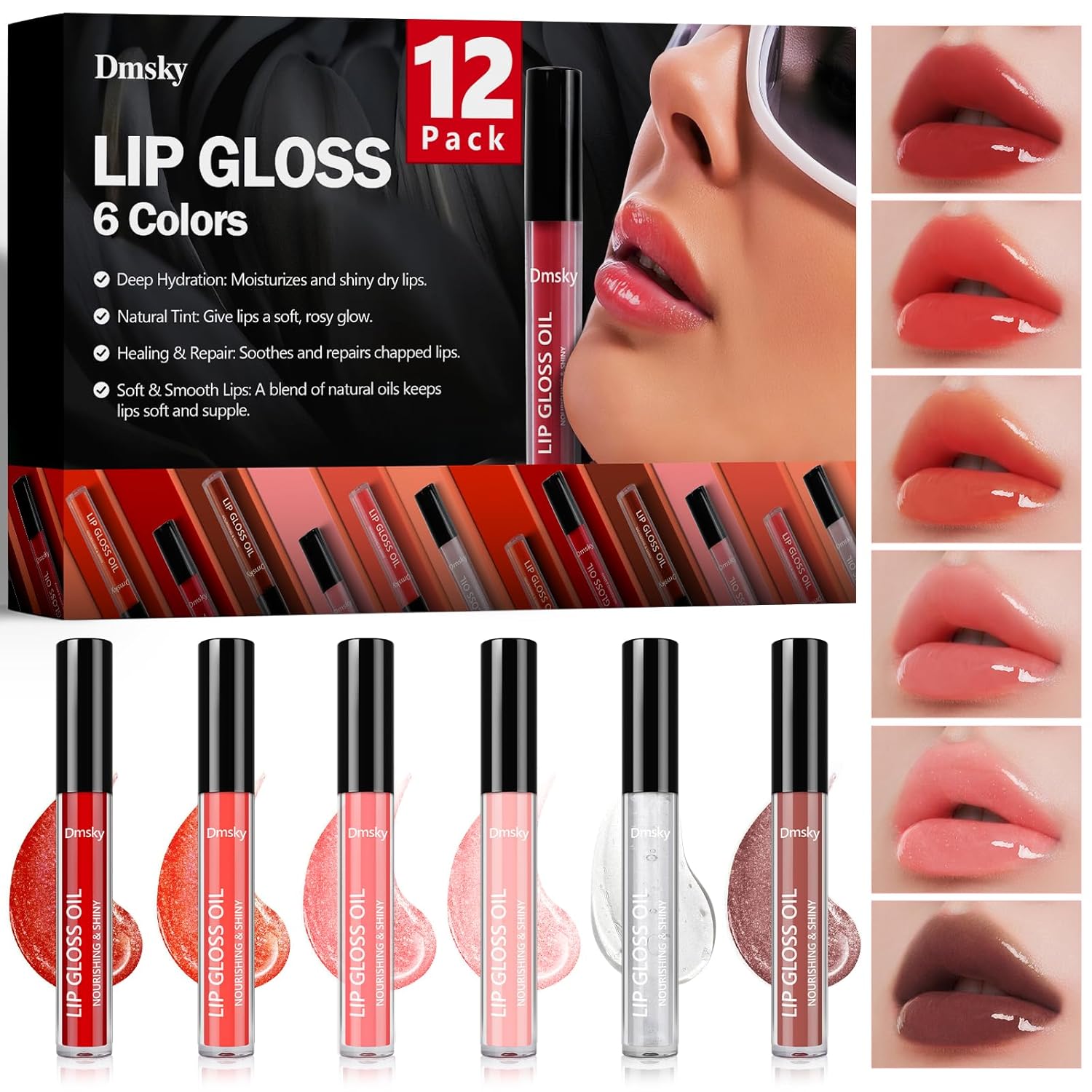 Dmsky 12 Pack Lip Gloss Set, 6 Colors Shiny Soft Lip Gloss Bulk, Lip Oil for Dry Cracked Lips Moisturizing Nourishing,Lip Stain With Rich Varied Colors For Girls and Women Makeup Dmsky 12 Pack Lip Gloss Set, 6 Colors Shiny Soft Lip Gloss Bulk, Lip Oil for Dry Cracked Lips Moisturizing Nourishing,Lip Stain With Rich Varied Colors For Girls and Women Makeup