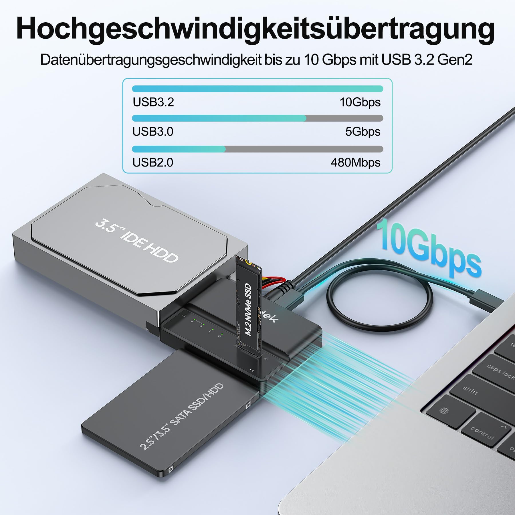 SUIDEK NVMe M.2 zu SATA Adapter, USB 10Gbps Festplattenlesegerät, PCIe NVMe, SATA und IDE Adapter, SSD Gehäuse unterstützt M.2(M Key&M+B Key) SSDs Aller Größen, 2,5/3,5 SATA SSD HDDs und 3,5 IDE HDDs