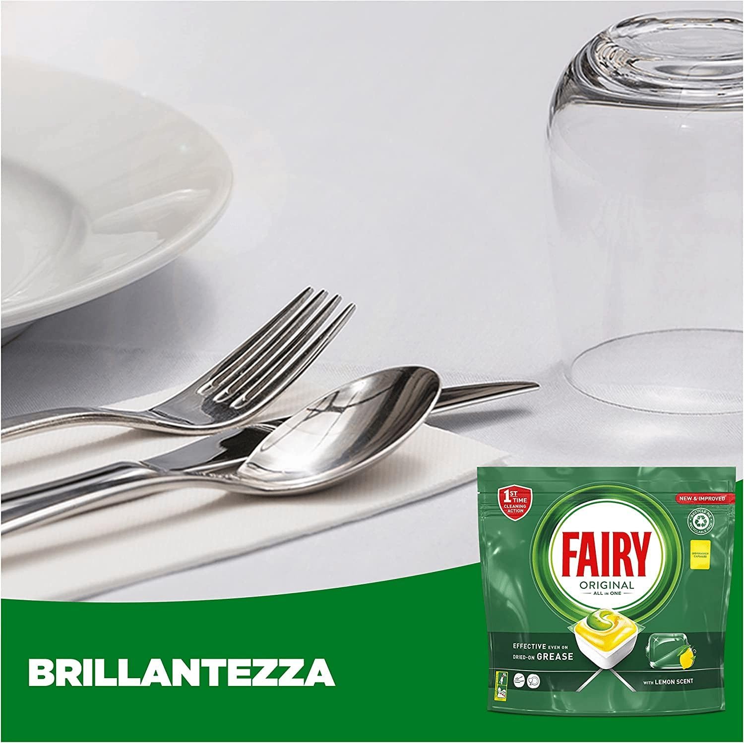 Fairy Detersivo Pastiglie Lavastoviglie, Brillantante, 155 Capsule Lavastoviglie, Original Limone, Azione Pulente Al Primo Lavaggio, Efficace Sul Grasso Incrostato Con Azione Brillante