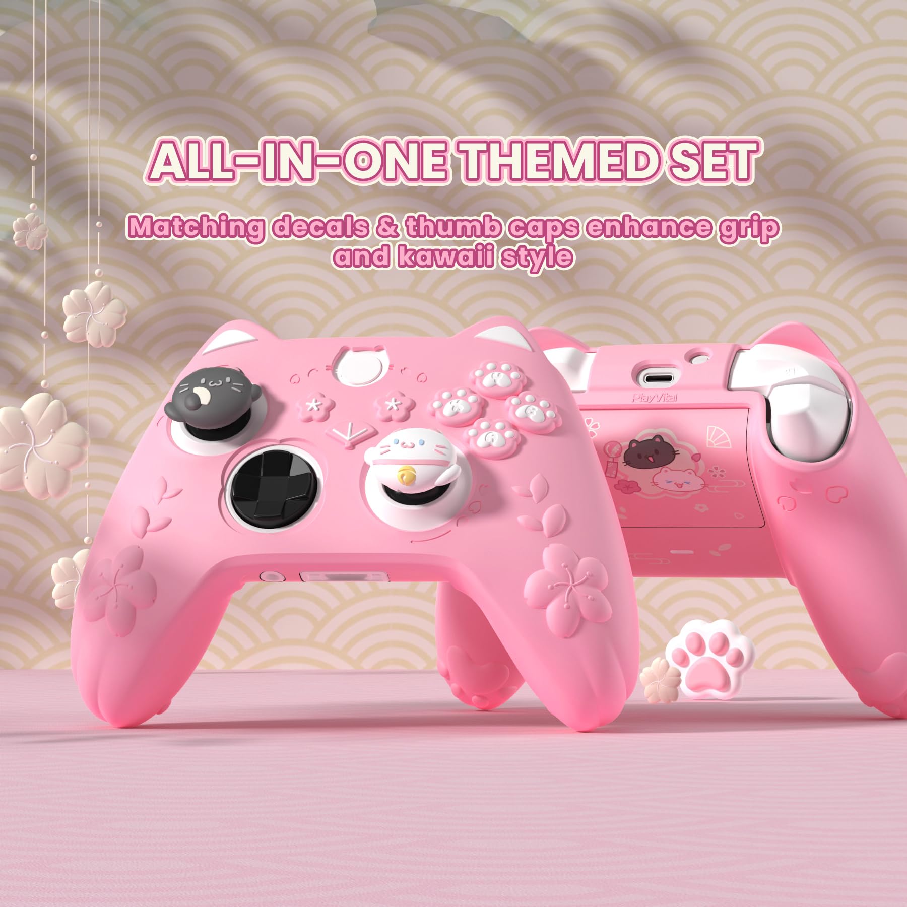 PlayVital Cute Silicone Controller Skin for Xbox Series X/S - Cherry Blossoms Kitten Anti-Slip Grip Protector W/Thumb Grips & Sticker - Soft Rubber Cover for Xbox Core Wireless Controller - Pink - 4
