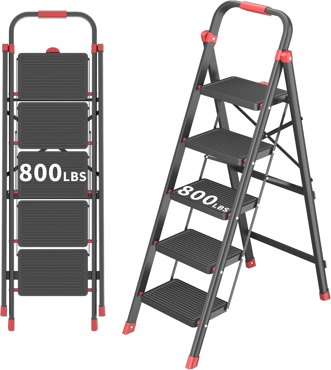 800lbs Foldable Step Ladder Stool with Handle, Anti-Slip Wide Pedals & Feet, 5-Step Capacity, Sturdy Stepstool Folding for Adults in Home & Kitchen Use - Black