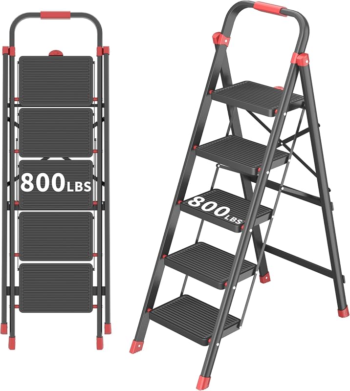 800lbs Foldable Step Ladder Stool with Handle, Anti-Slip Wide Pedals & Feet, 5-Step Capacity, Sturdy Stepstool Folding for Adults in Home & Kitchen Use - Black