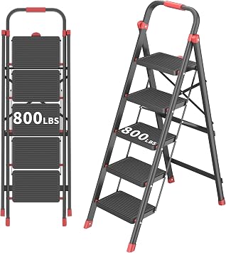 DIAMONDFORGE 800lbs Foldable Step Ladder Stool with Handle, Anti-Slip Wide Pedals & Feet, 5-Step Capacity, Sturdy Stepstool Folding for Adults in Home & Kitchen Use - Black