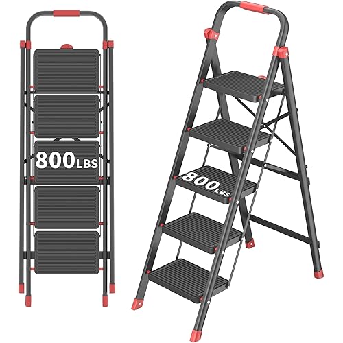 5-Step Foldable Step Ladder Stool with Handle, Anti-Slip Wide Pedals & Feet, 800lbs Capacity, Sturdy Stepstool Folding for Adults in Home & Kitchen Use - Black