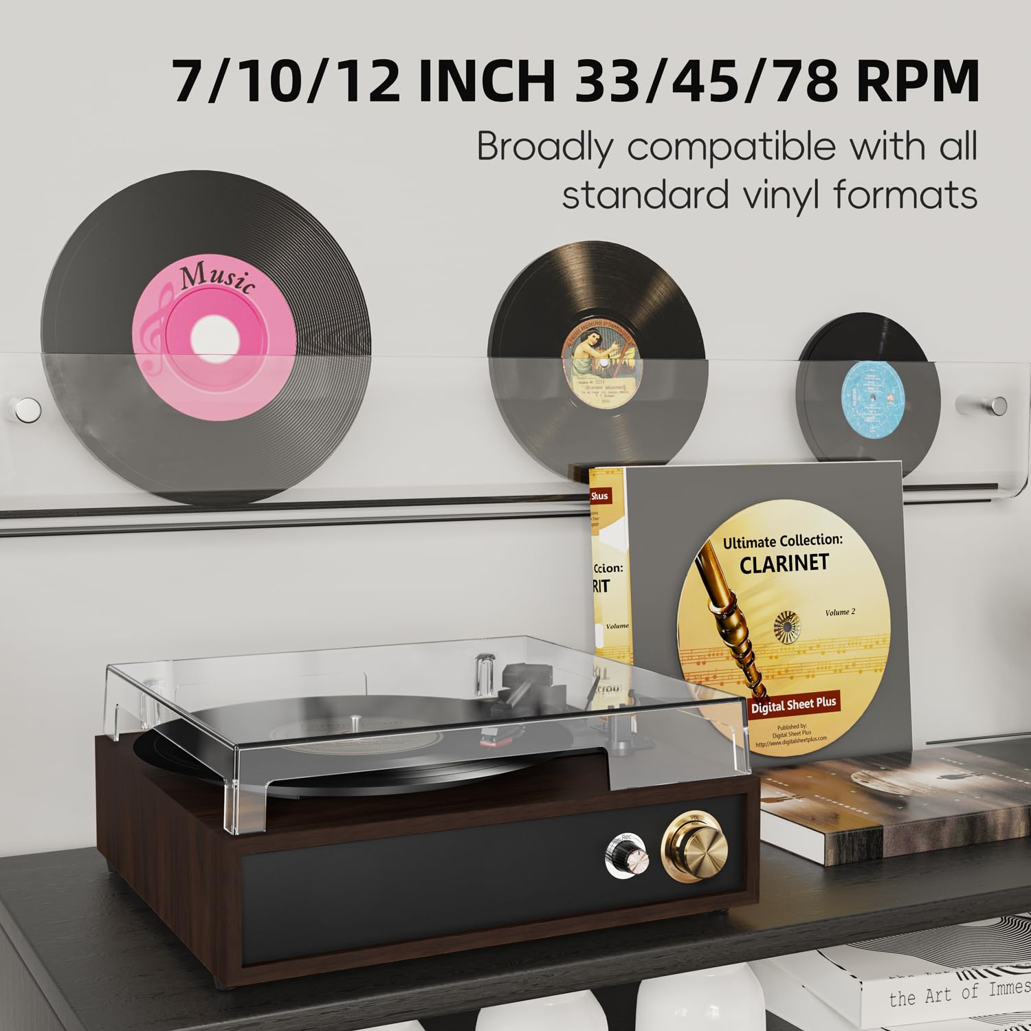FYDEE Plattenspieler, Vinyl Schallplattenspieler mit Bidirektionalem Bluetooth 5.4, USB-Aufnahme Ohne PC & Wiedergabe, Retro Record Player mit 3-Gang & Dual-Lautsprecher, RCA-Ausgang, Rotbraun