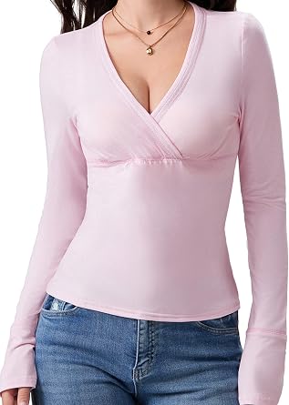 Women Wrap V-Neck Going Out Tops Solid Color Fairy Grunge Long Sleeve Top Y2K Shirts Streetwear