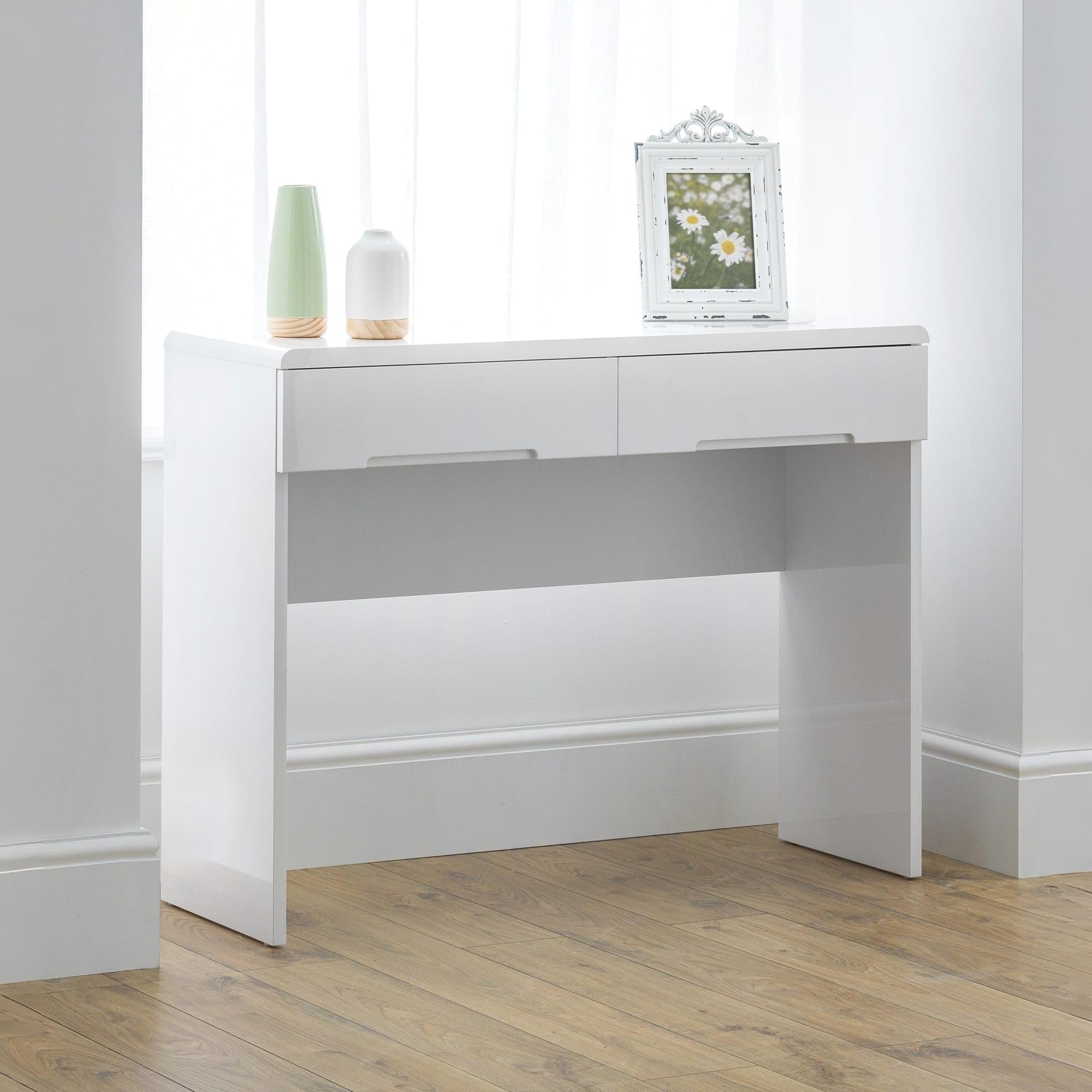 Julian Bowen High Gloss White Manhattan Dressing Table, 2 Drawer, White Gloss - H77 X W100cm