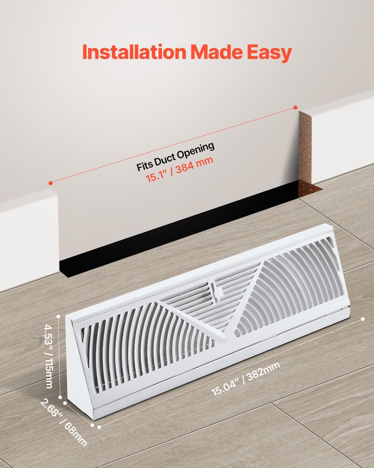 VEVOR 15-Inch Floor Registers, 10-Pack Baseboard Registers, HVAC Heavy-Duty Walkable Iron Floor Vents, Rustproof Anti-Peeling Air Vents Deflector Adjustable with Metal Damper for Home & Office, White
