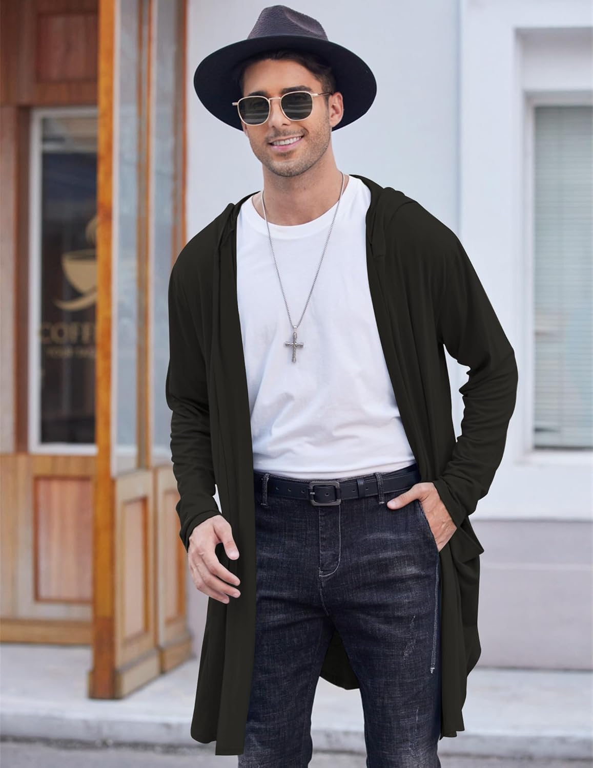 COOFANDY Men's Long Hooded Cardigan Shawl Collar Lightweight Open Front Drape Cape Overcoat with Pockets - Image 3