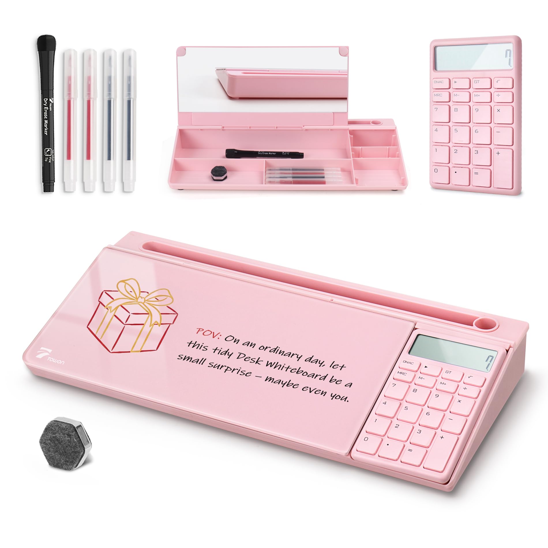 TOWON Desktop Glass Whiteboard with Mirror & Basic Calculator, Deskboard Buddy Organizers with Accessories for Office, Home, School Supplies, Storage with Glass Dry Erase Board Surface, 40x19cm, Pink