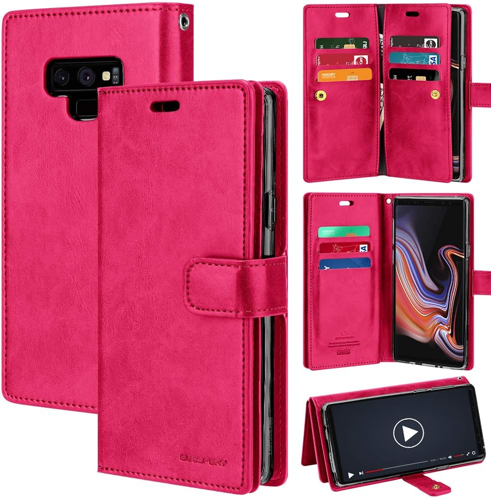 GOOSPERY Mansoor Galaxy Note 9 (2018) Leather Wallet Case Double Sided Card Holder [9 Card Slots, 2 Money Pockets] Protective Folio Flip Cover - Hot Pink