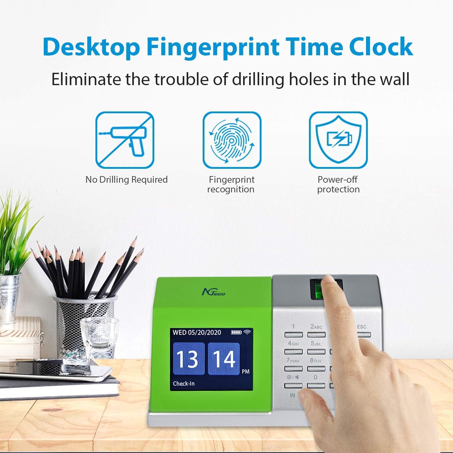 Time Clocks for Employees Small Business, Desktop Time Clock 2.4G WiFi LAN Biometric Fingerprint Time Attendance Terminal Machine with Battery, Office Punch Clock for iOS/Android (0 Monthly Fee) : Office Products