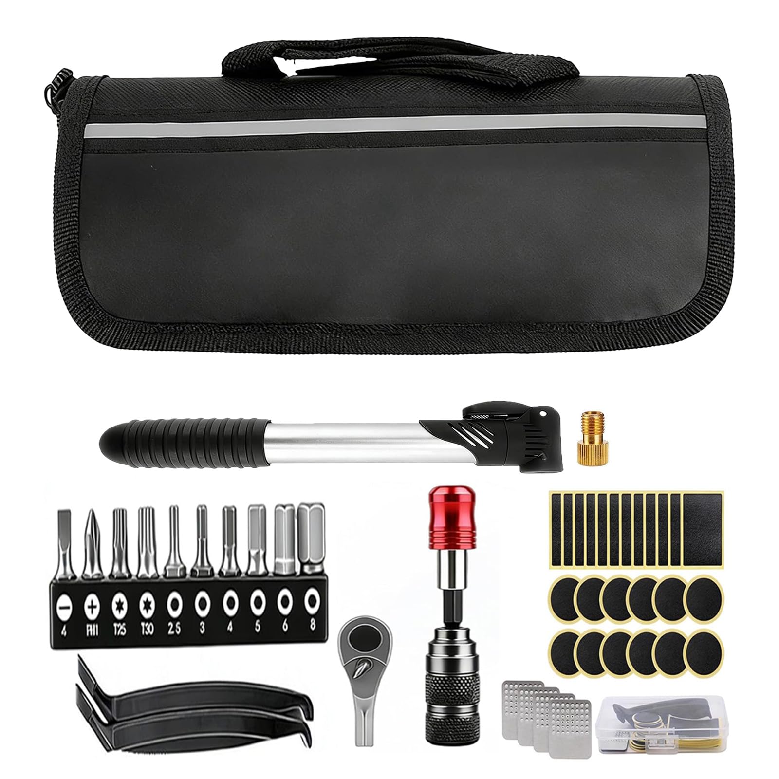 Flickzeug Fahrrad & Reparaturset, mit Mini Ratsche, Luftpumpe mit Adapter, 2 Reifenheber, selbstklebende Flicken, tragbar für Rennrad, MTB, E-Bike