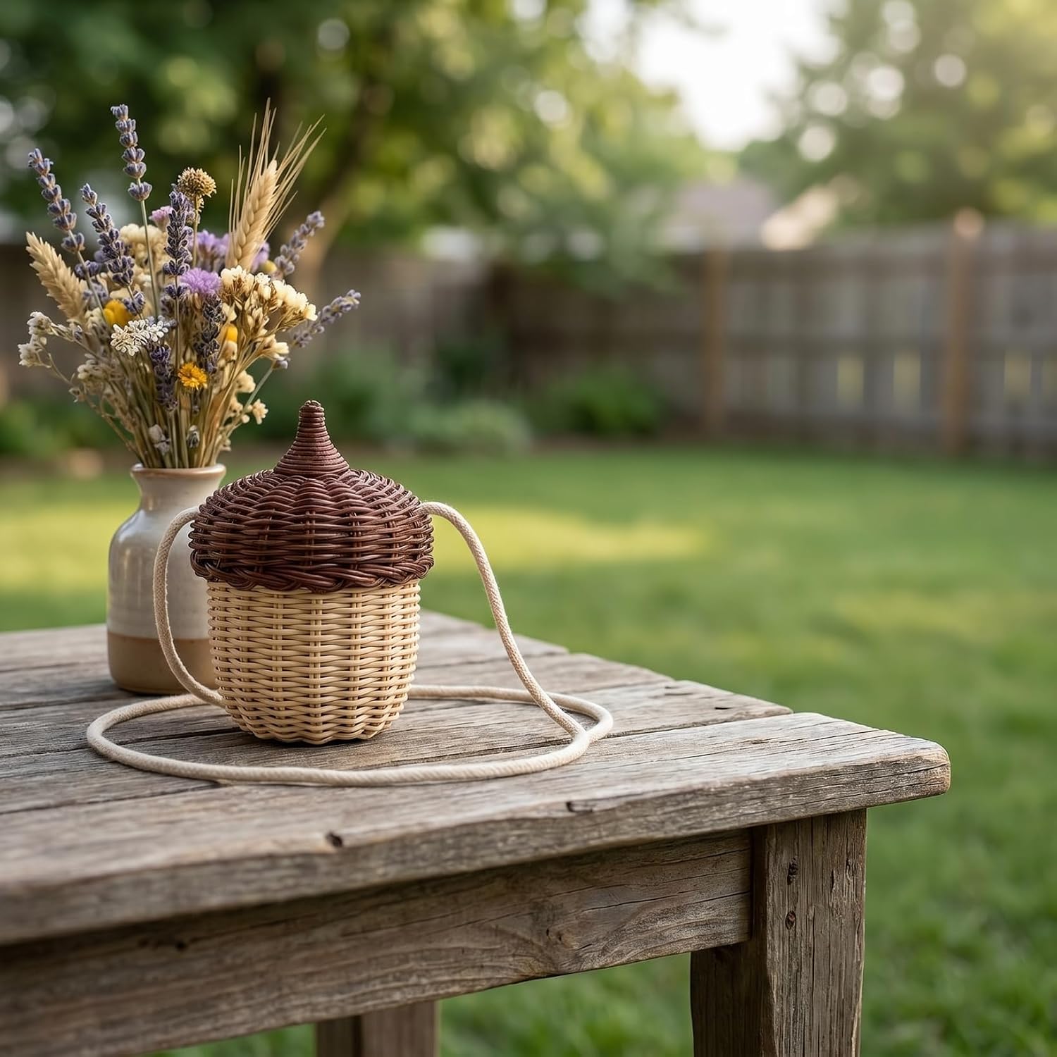 DOITOOL Woven Rattan Basket with Lid, Cute Acorn Bag Acorn Purse, Mini Crossbody Bag, Children's Day Shoulder Basket, Handwoven Woodland Accessory, Photography Prop Storage for Girls Women
