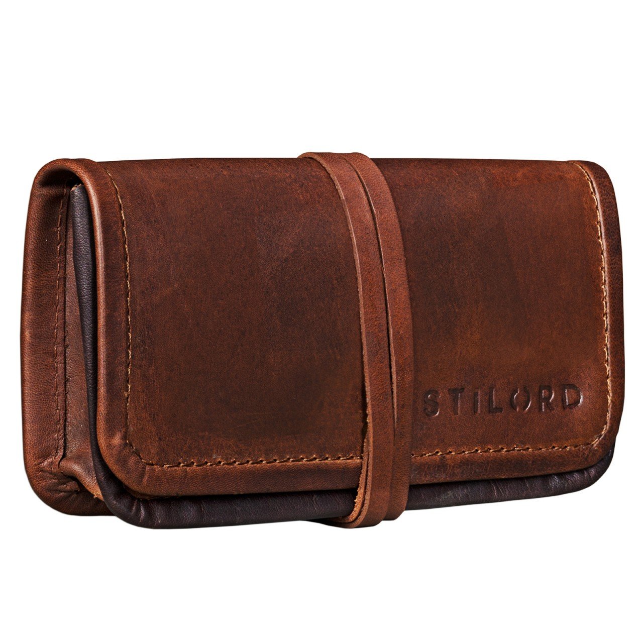 STILORD 'Flavio' Porta tabacco in vera pelle Stile vintage Astuccio porta filtri e cartine Cuoio Borsa Portatabacco Uomo Donna, Colore:cognac marrone scuro