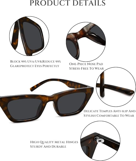 Narrow Square Cat Eye Sunglasses for Women, 90s Retro Shades