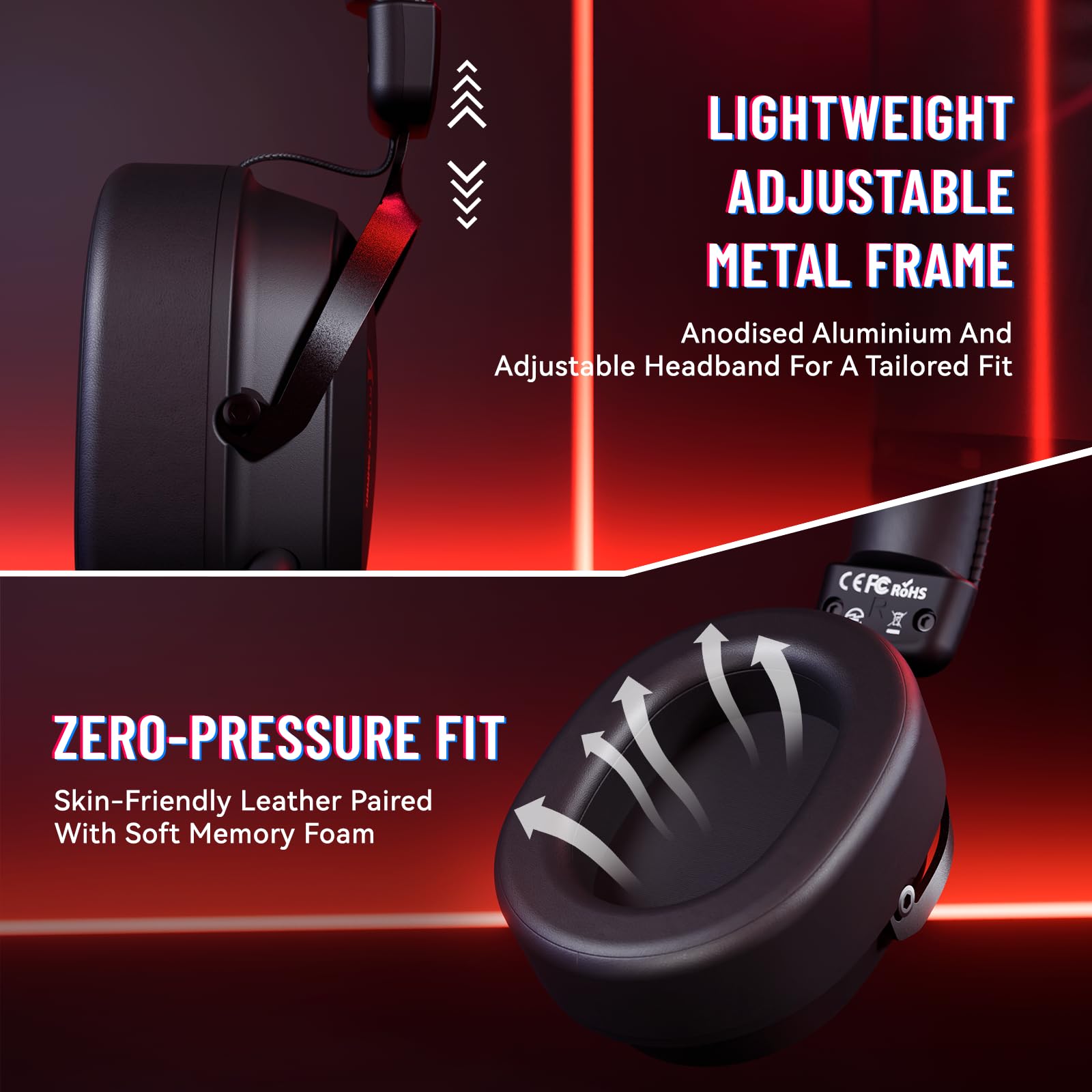 ATTACK SHARK L30PRO Casque Gamer sans Fil, Surround 7.1, Pilotes 50mm, Tri-Mode 2.4G/BT 5.3/Filaire, Micro Amovible ENC pour PC/PS5/Xbox/Switch, Batterie 85H - Noir Rouge