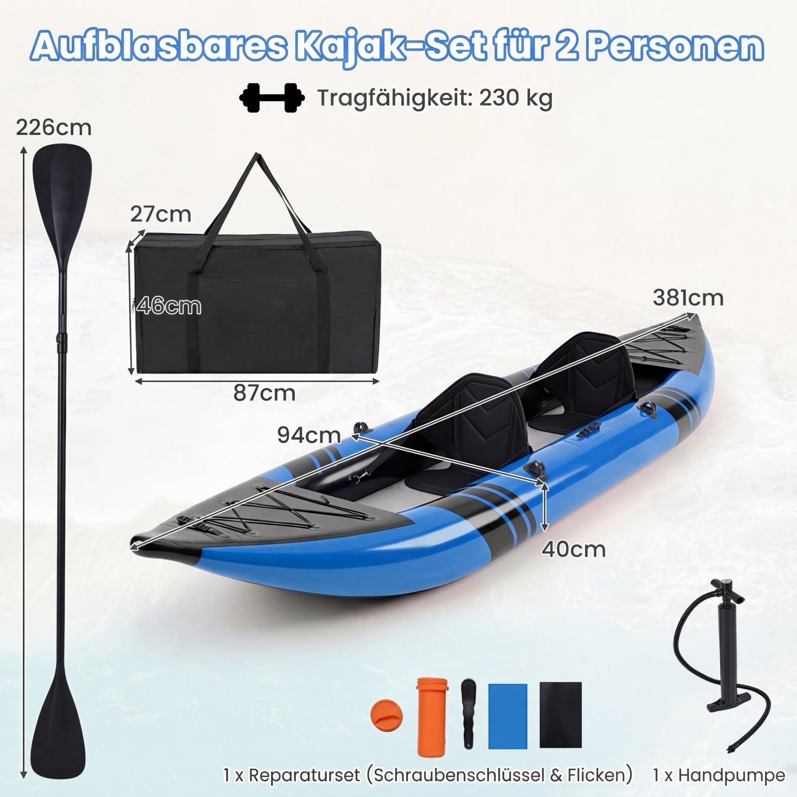 COSTWAY Kajak aufblasbar 2 Personen, aufblasbares Kanu mit Aluminiumrudern, gepolstertem Eva-Sitz, Handpumpe und Reparaturset, Schlauchboot mit Tragetasche, 230 kg Gewichtskapazität