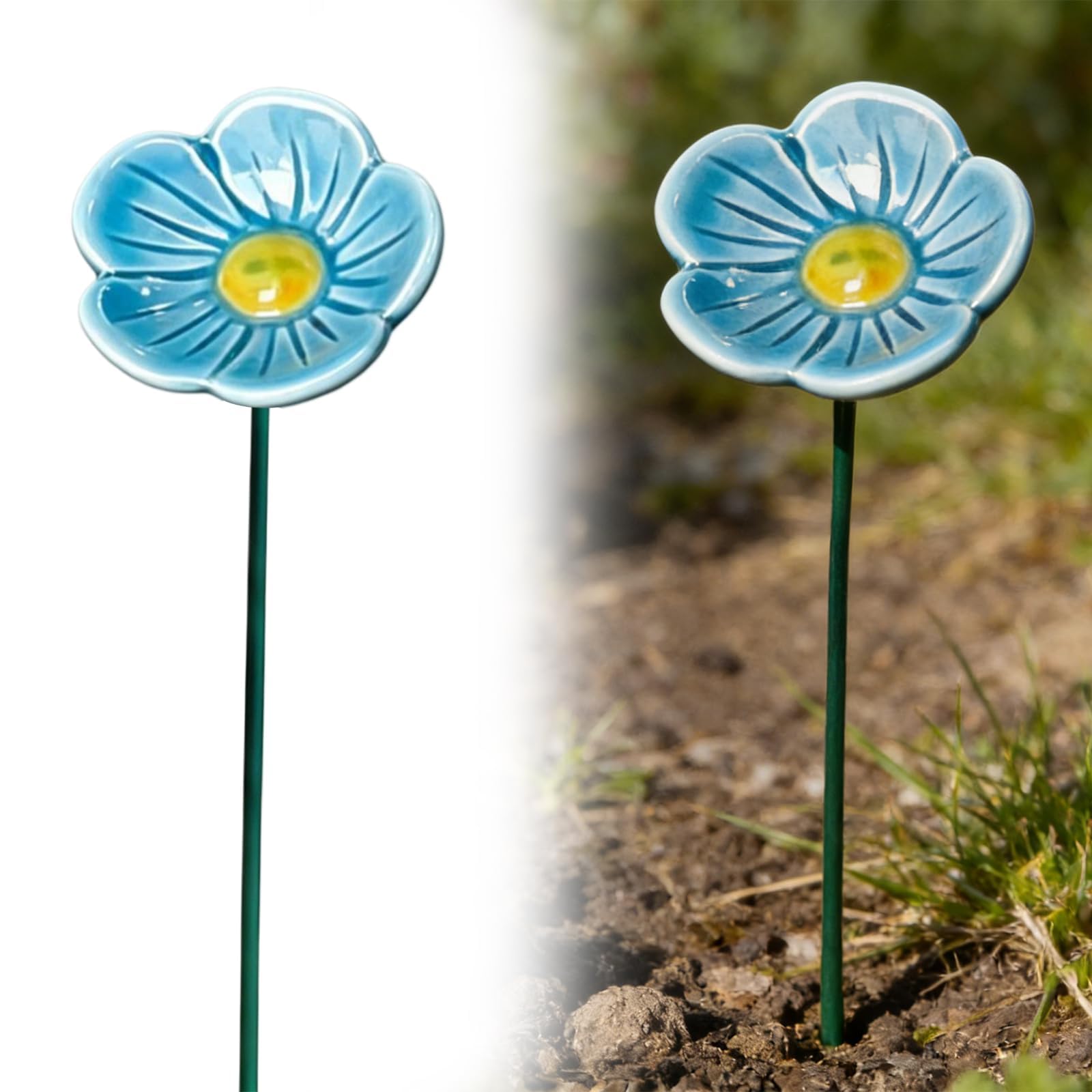 Ceramic Bee Watering Station for Garden, Handmade Flower Bee Drinking Cups for Garden with Stakes, Colorful Butterfly Bees Cups Drinking Station for Yard Patio Lawn Outdoor Decor (Blue)