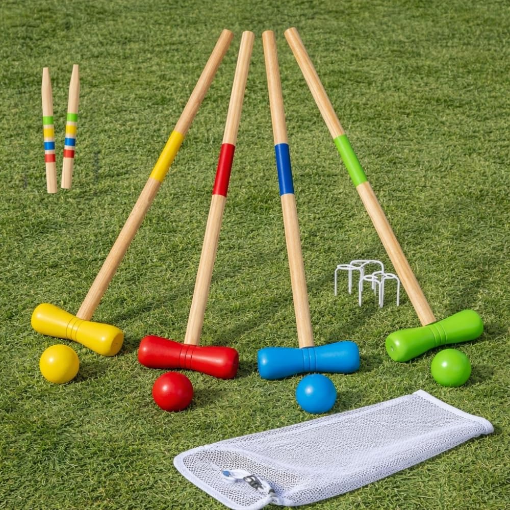 Jeu de Croquet en Bois pour 4 Joueurs, avec Maillets, Boules, Arceaux Métalliques et Filet de Rangement, Jeu de Jardin