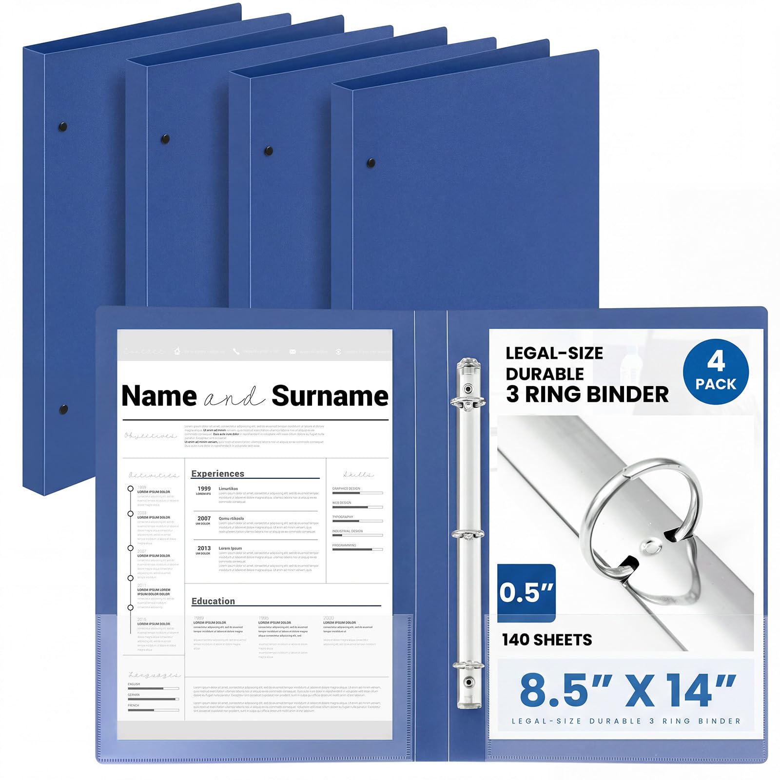 Henoyso 4 Pcs 8.5" x 14" Legal Size Binder, 3 Ring, 0.5 Inch, Navy Blue