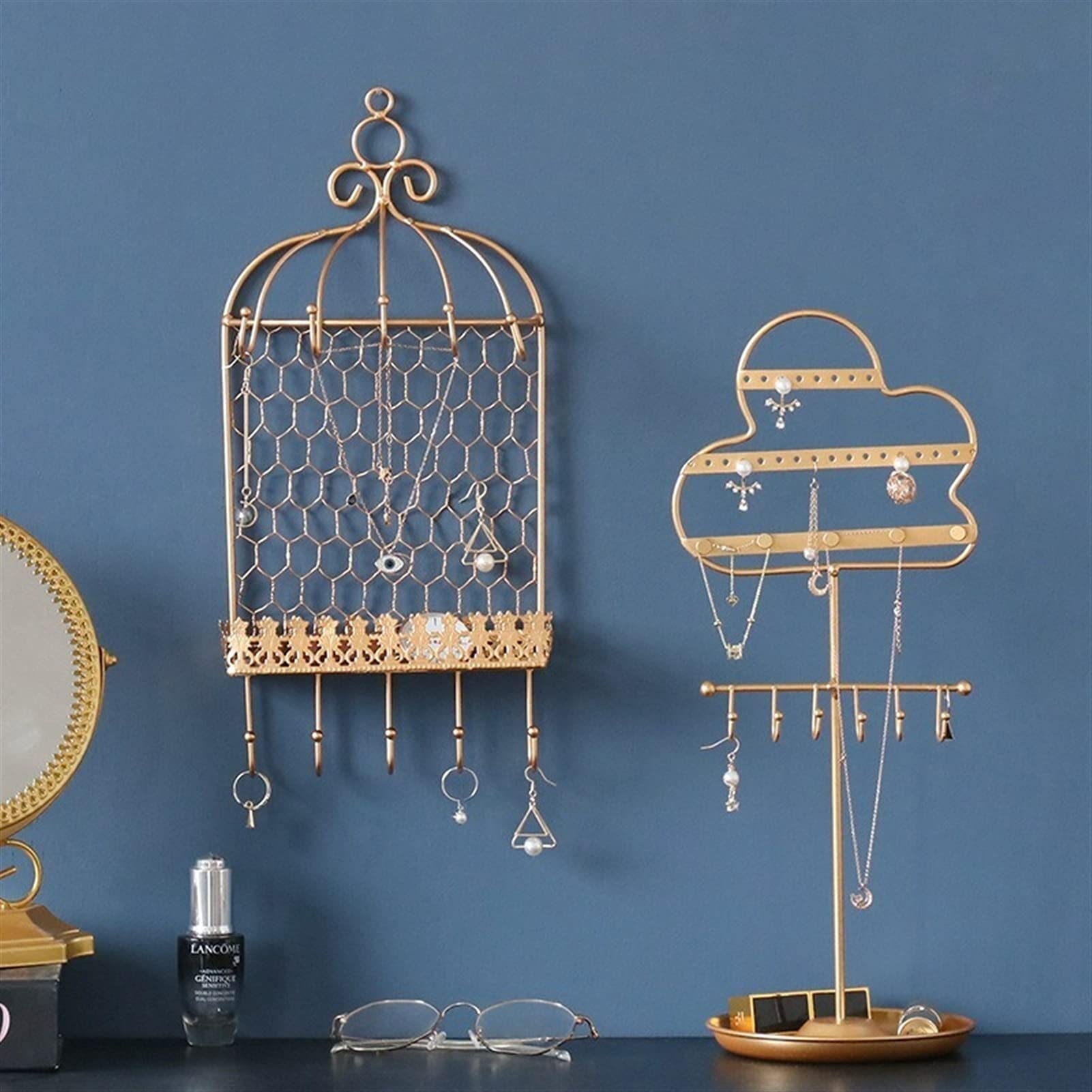 Organizador de joyas creativo para colgar en forma de torre, de hierro forjado dorado, de lujo, para habitación de niña, para escritorio, para colgar pendientes, soporte de exhibición, cajas de j