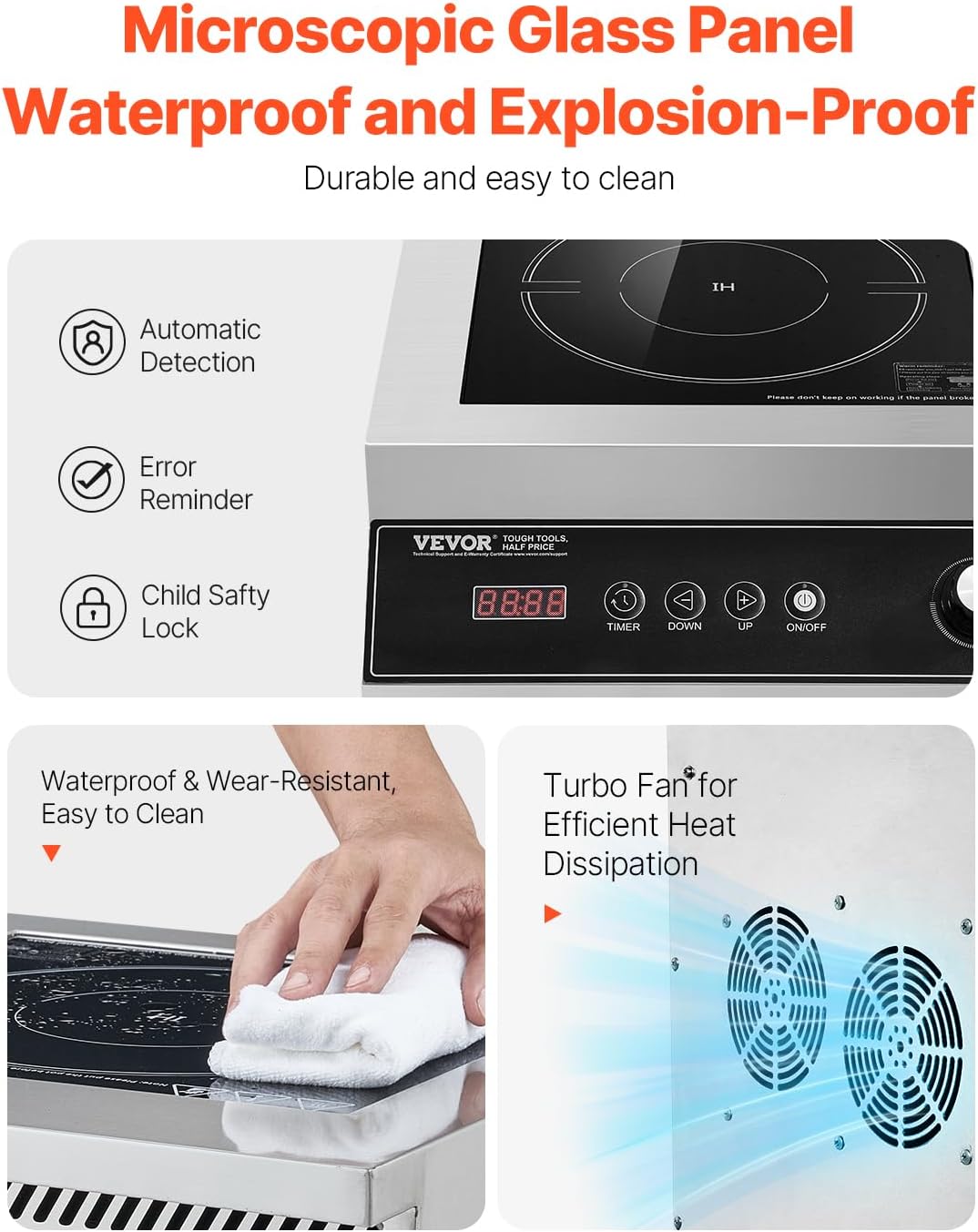 VEVOR Portable Commercial Cooktop, 5000W Induction Burner with 16 Temp Settings, Stainless Steel Countertop Induction Hot Plate with 4H Timer, Child Lock