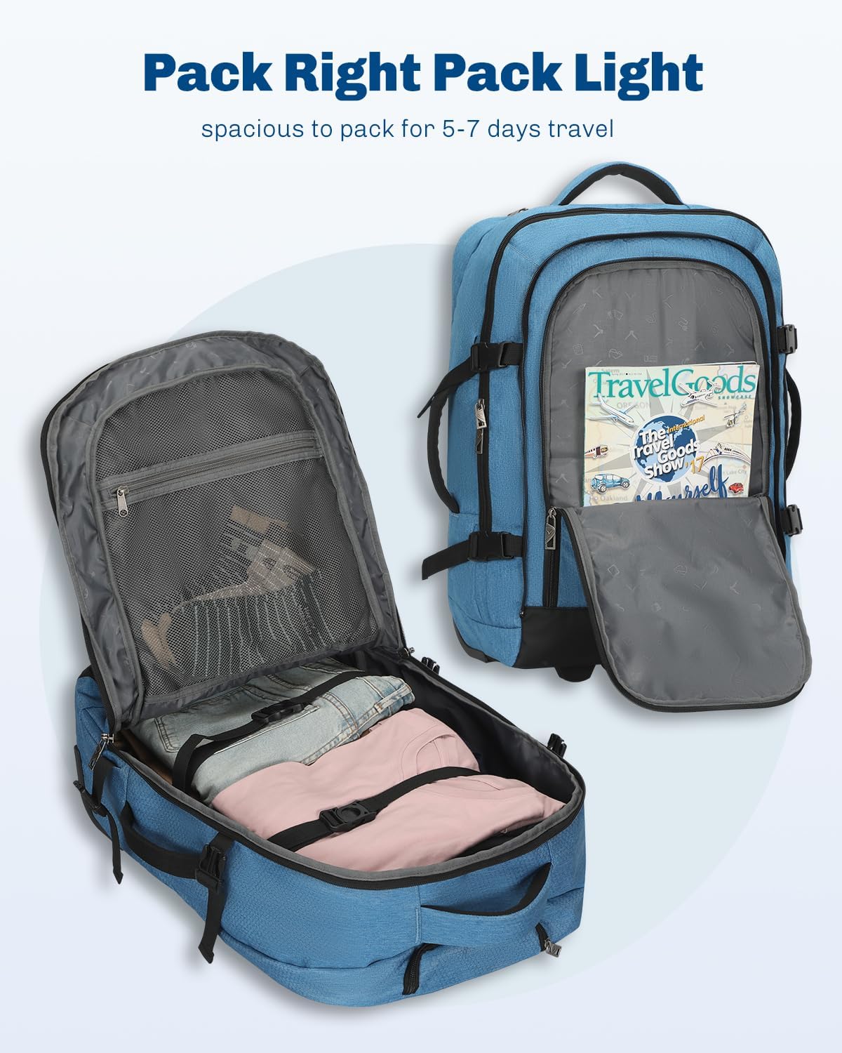 Hynes Eagle 2 in 1 Travel Backpack 22 inches Carry on Luggage 63L Rolling Backpack for Men Women with Packing Cubes 3PCS Set - Image 5