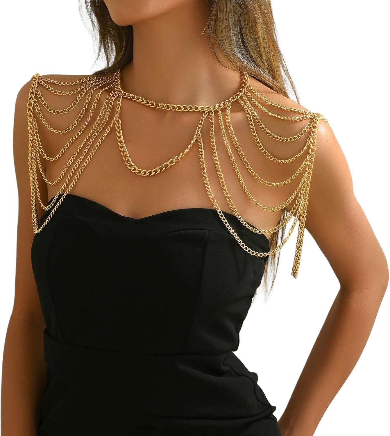 Gold Punk Shoulder Chain Necklace Jewelry Sexy Arm Chain Festival Rave Multi-layered Shoulder Body Chain Bikini Tassel Body Jewelry for Women - Image 2