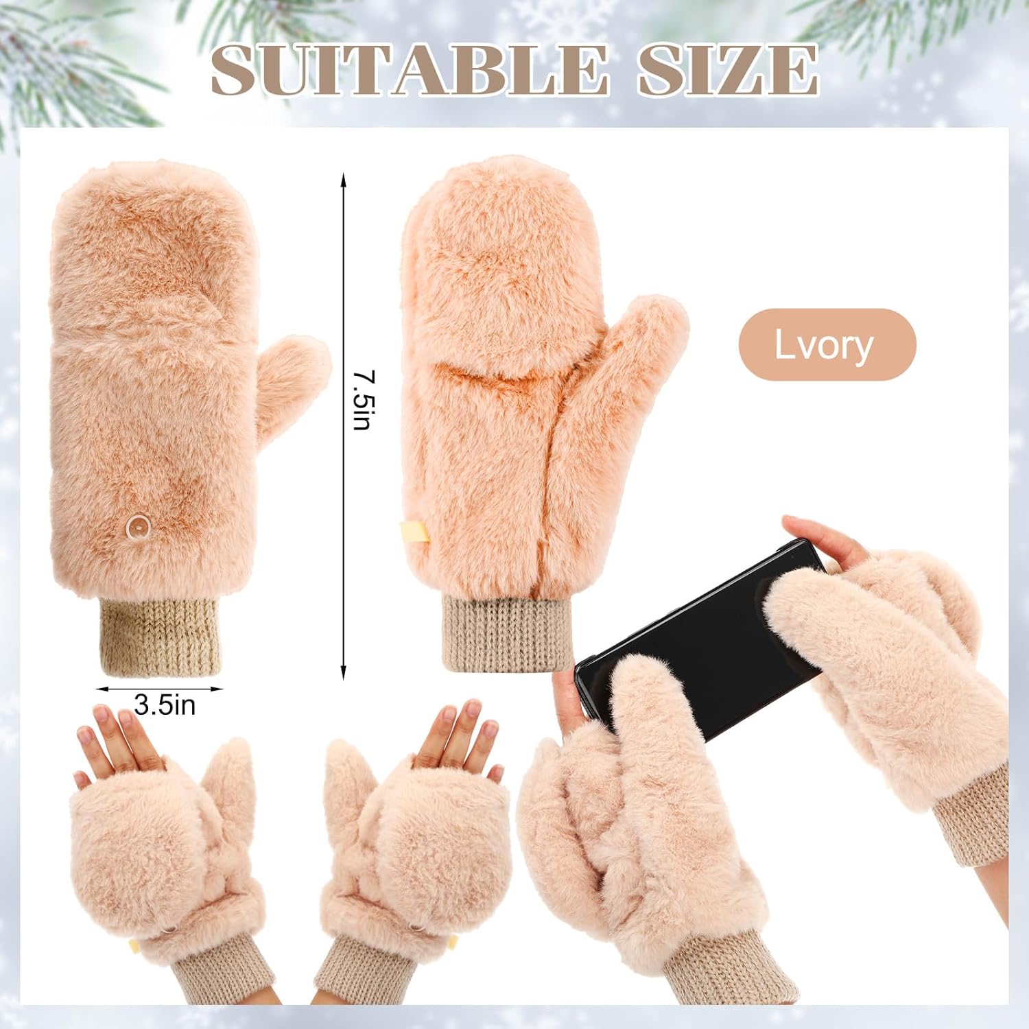 SATINIOR Faux Fur Mittens Fingerless Gloves Convertible Gloves Fluffy Winter Warm Soft Half Finger Fuzzy for Women - Image 2