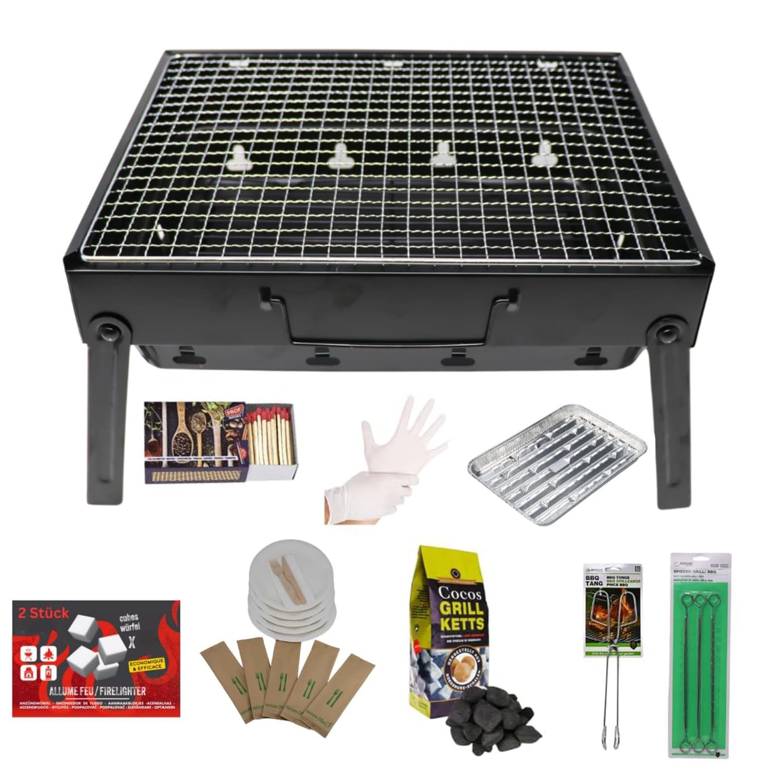 Set completo di barbecue da viaggio – Barbecue portatile a carbone con contenitore per la cenere, carboni di cocco, accendini, posate monouso e accessori – Set tutto-in-uno per giardino, balcone