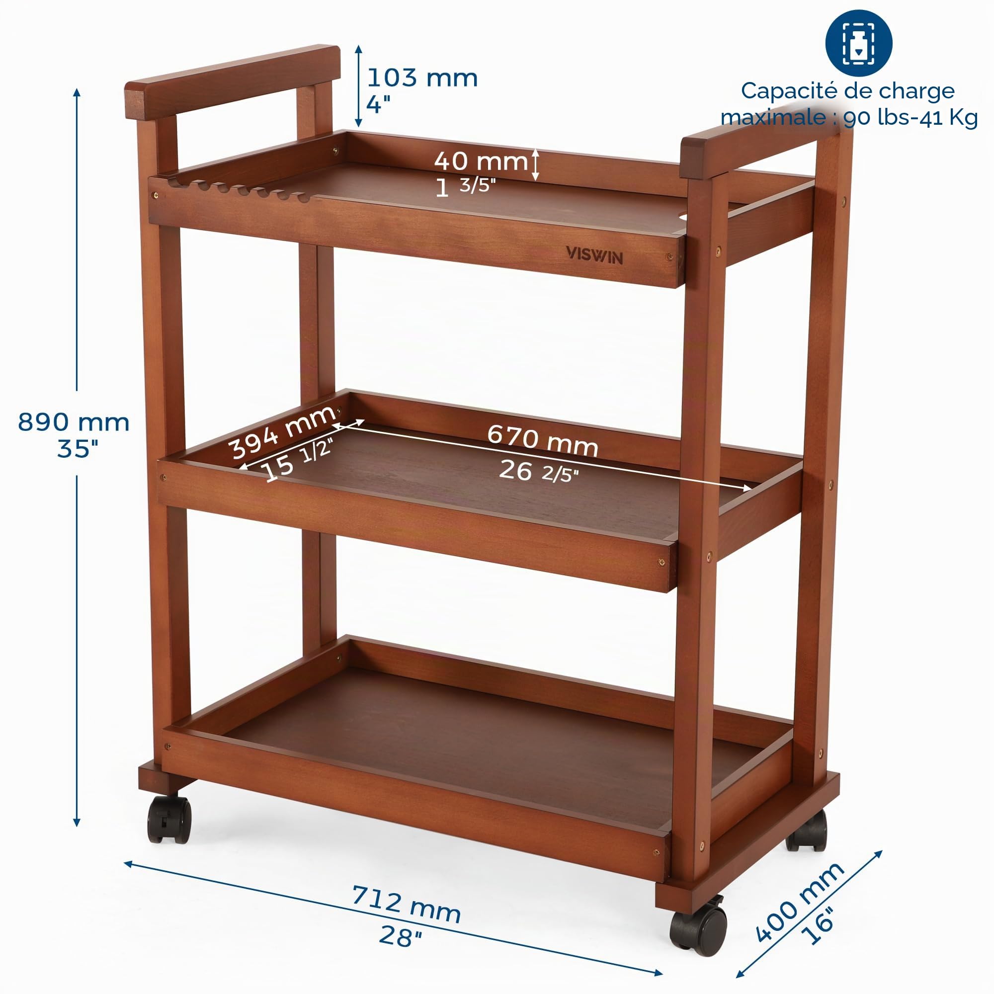 VISWIN 93cmH Art Cart Organisateur de Stockage À 3 Niveaux, Chariot Utilitaire Rotatif en Bois de Hêtre Massif avec roulettes, Chariot Multifonctionnel pour Étude, Salle de Classe et Cuisine