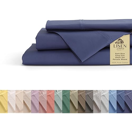 Linen Home 100% Cotton Percale Sheets King Size, Dark Blue, Deep Pocket, 4 Pieces Set - 1 Flat, 1 Deep Pocket Fitted Sheet and 2 Pillowcases, Crisp Cool and Strong Bed Linen
