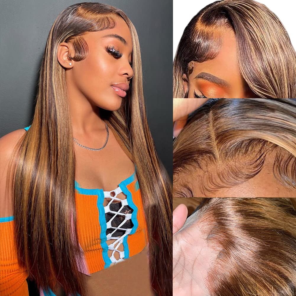 13x6 Ombre Highlight Lace Front Wig Human Hair 4/27 Colored Straight Human Hair Wigs HD Transparent Lace Frontal Wigs 180 Density Pre Plucked with Baby Hair Virgin Hair Glueless Wigs(32 Inch)