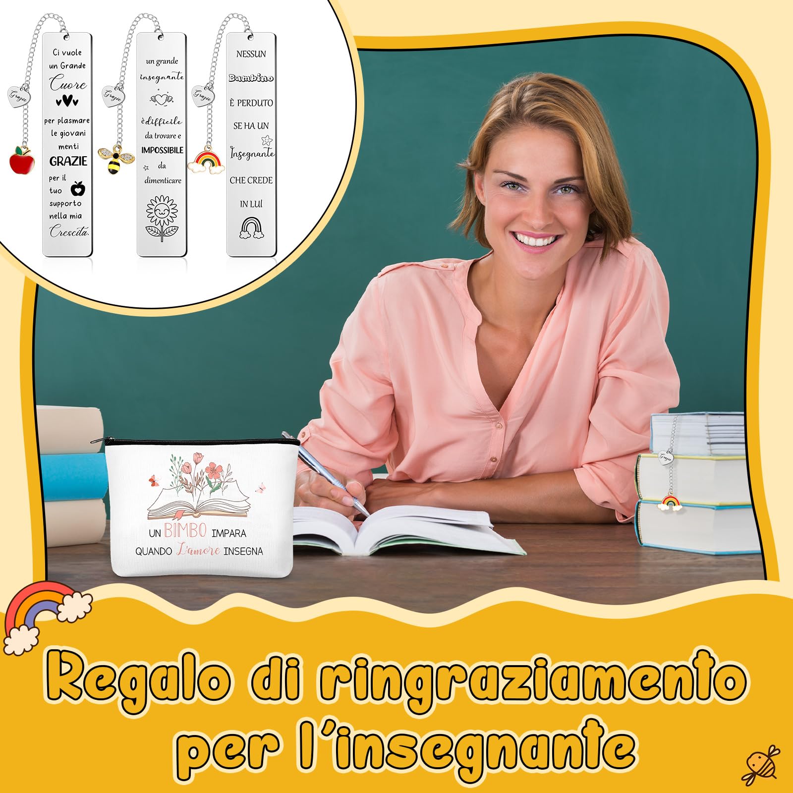 Hestya 6 Set Regali di Ringraziamento per Insegnanti Maestra 6 Borsa per Cosmetici Pochette per Trucco 6 Segnalibri 6 Portachiavi con 6 Biglietti di Auguri per Asilo Professoressa Compleanno Laurea