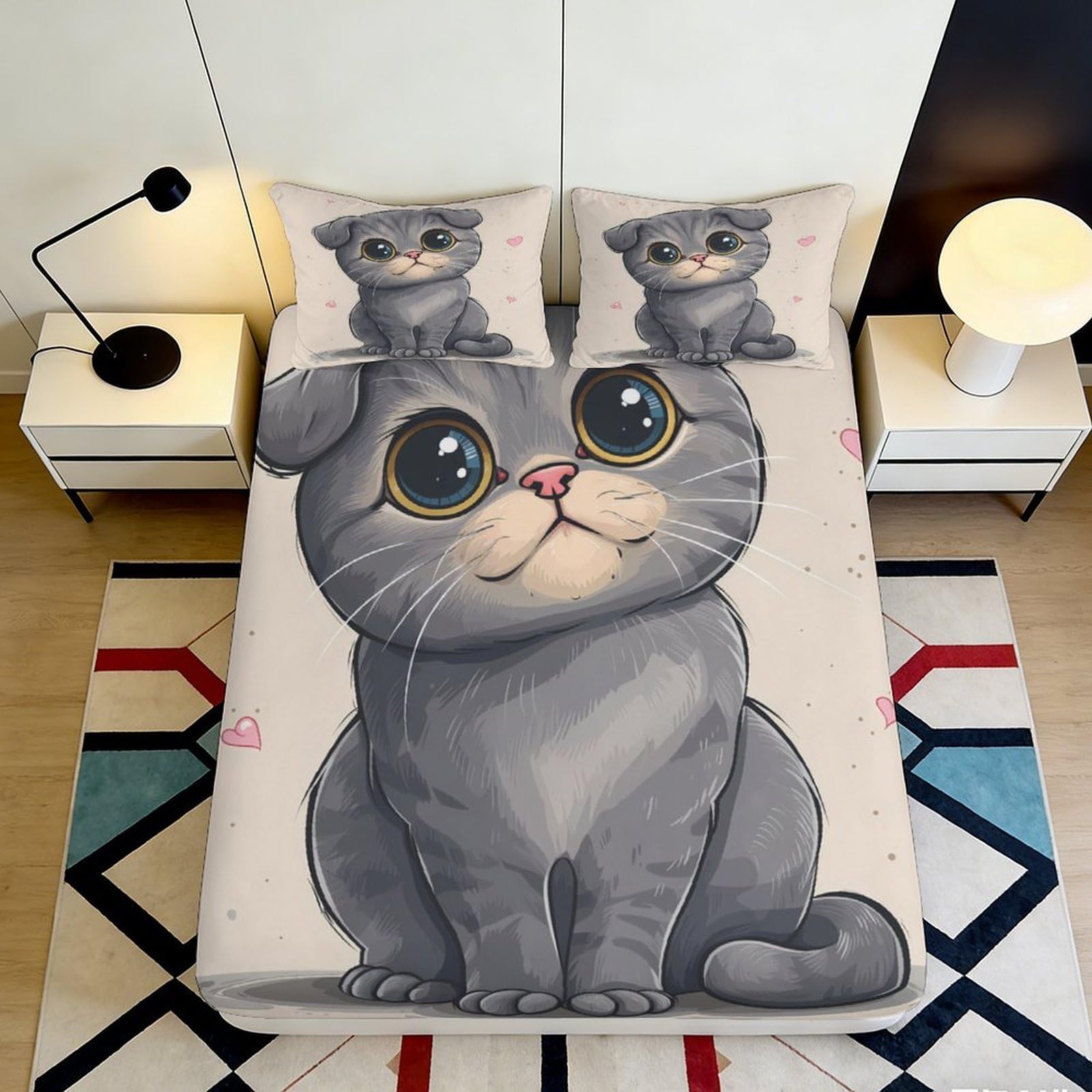 3D Printed Grey Cartoon Cat Fitted Sheet Microfiber Anti-Slip Pink Heart Mattress Cover for Bedroom Dorm Easy Care 160x200x25cm