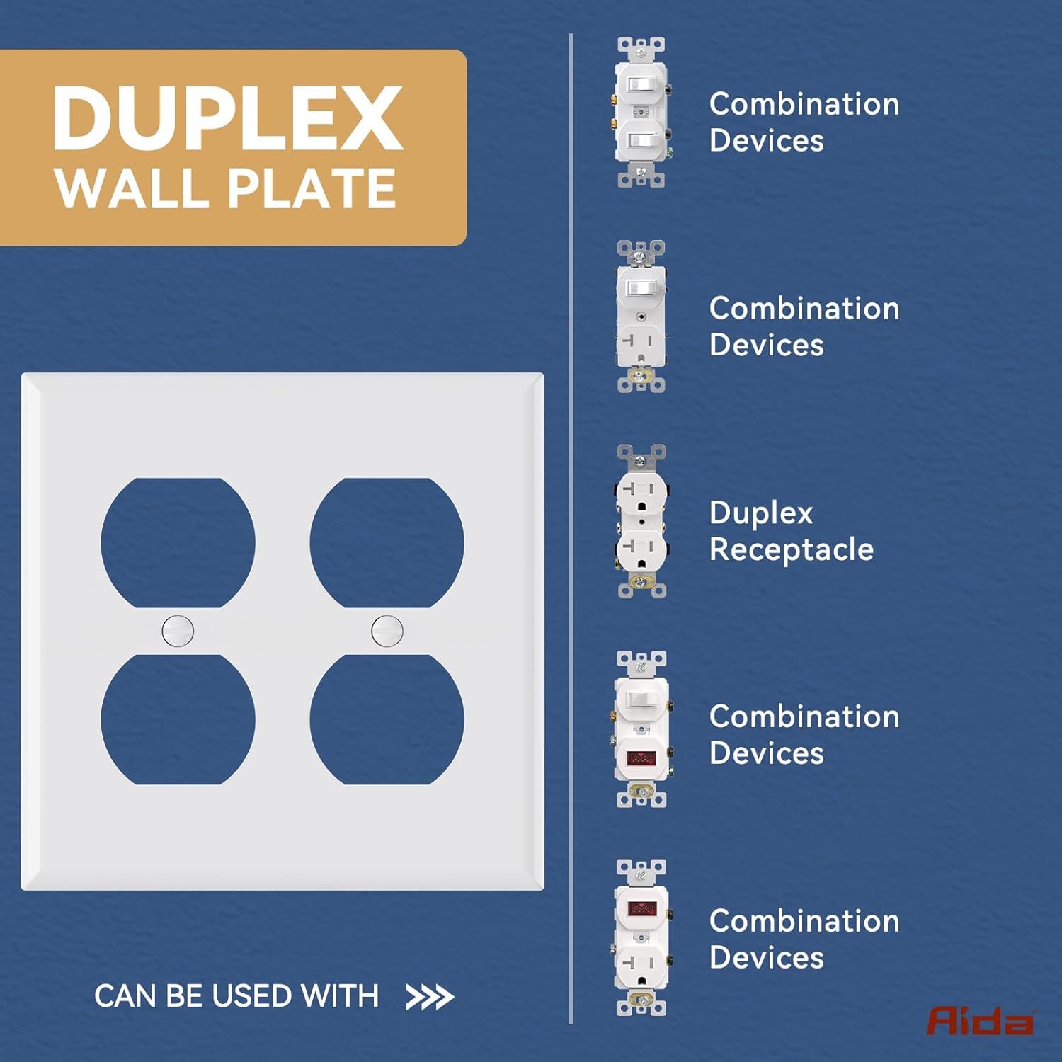 AIDA 2-Gang Standard Duplex Outlet Covers, Glossy White, 1-Pack Unbreakable Polycarbonate Replacement Wall Plates for Light Switch Cover Plate, UL Listed, 4.5" H x 4.57" L