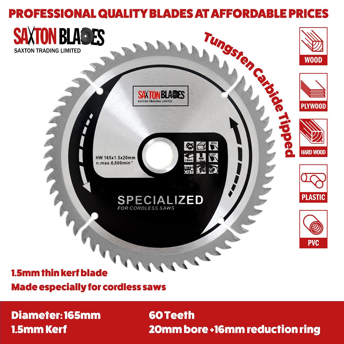 Saxton TCT165MXD - Lama per sega circolare senza fili, 165 mm, in TCT, sottile, confezione D
