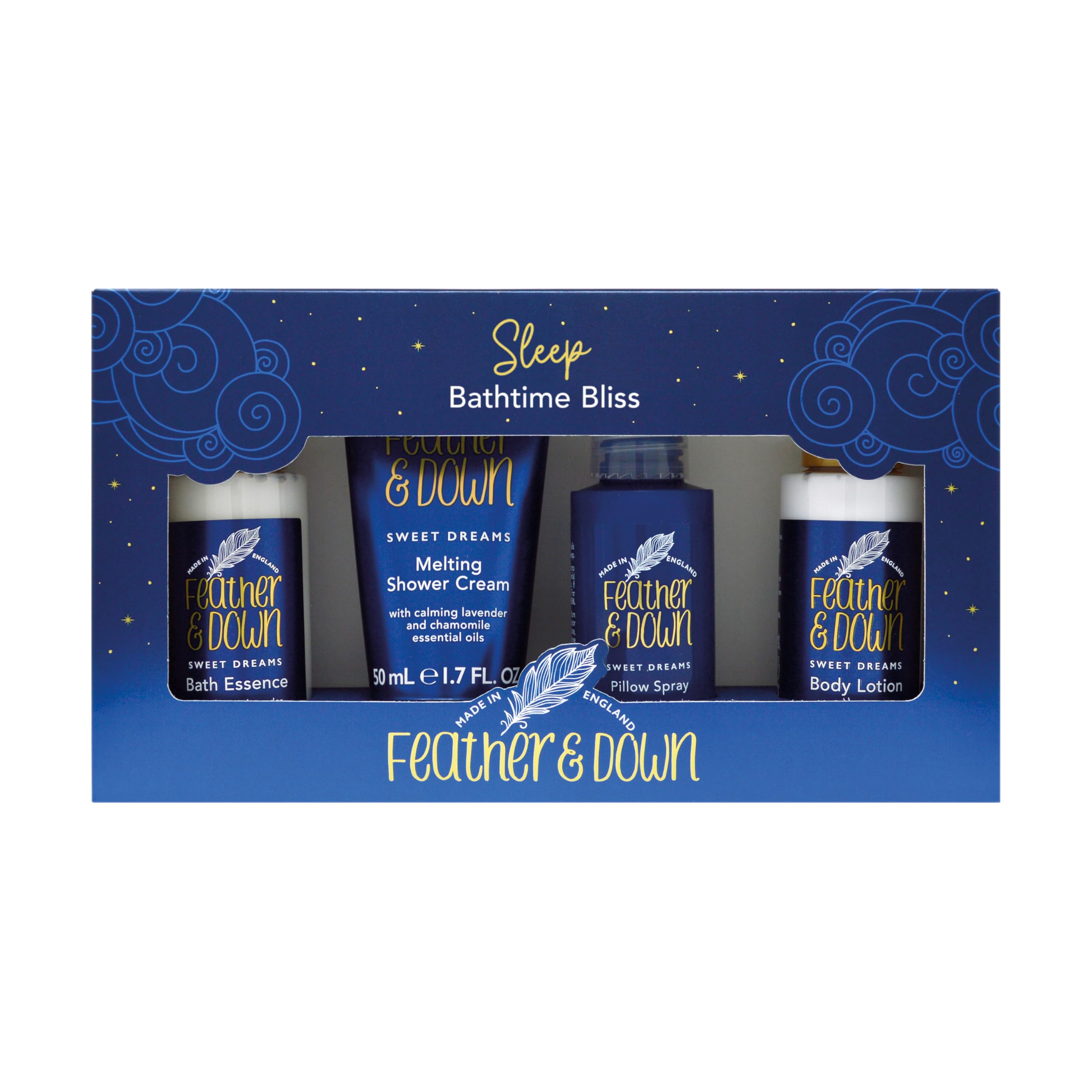 Bathtime Bliss Gift Set (Shower Cream, Pillow Spray, Bath Essence & Body Lotion) - Bath Set with lavender & chamomile essential oils. Vegan Friendly & Cruelty Free.