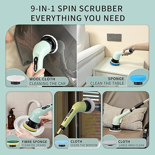 Miniatura 2 de Limpiador eléctrico giratorio, cepillo de limpieza inalámbrico para el hogar, IPX7 resistente al agua con 9 cabezales de cepillo, 3 tamaños