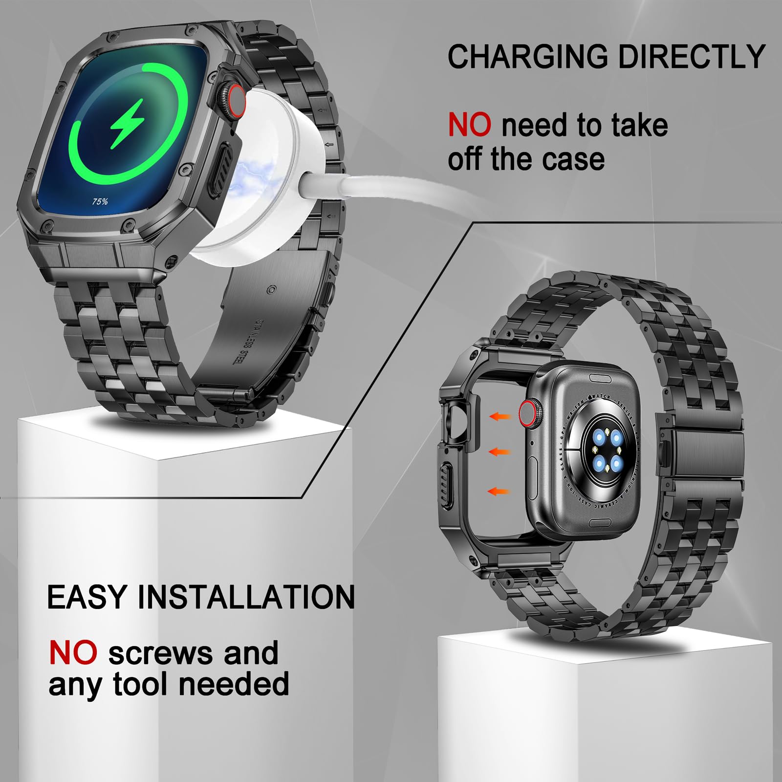 MioHHR Étui de montre en acier inoxydable avec bracelets compatibles avec les bracelets Apple Watch 49 mm, 46 mm, 45 mm, 44 mm, 42 mm, 41 mm, 40 mm, 38 mm, coque en métal avec bracelets iWatch pour