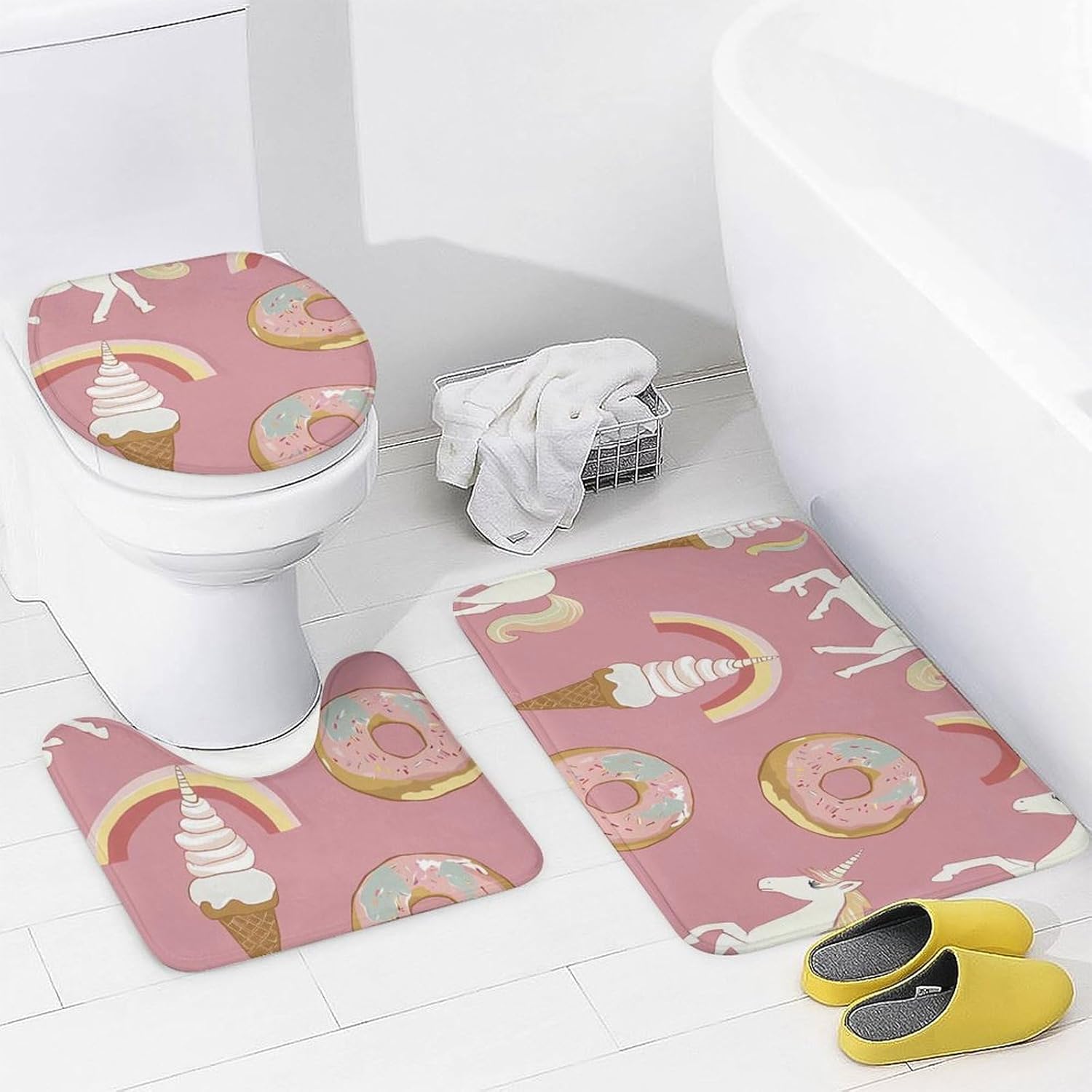 Unicorms Ice-Cream and Doughnuts Bathroom Sets with Shower Curtain and Rugs 4 Piece with U-Shaped Floor Mat Toilet Lid Cover