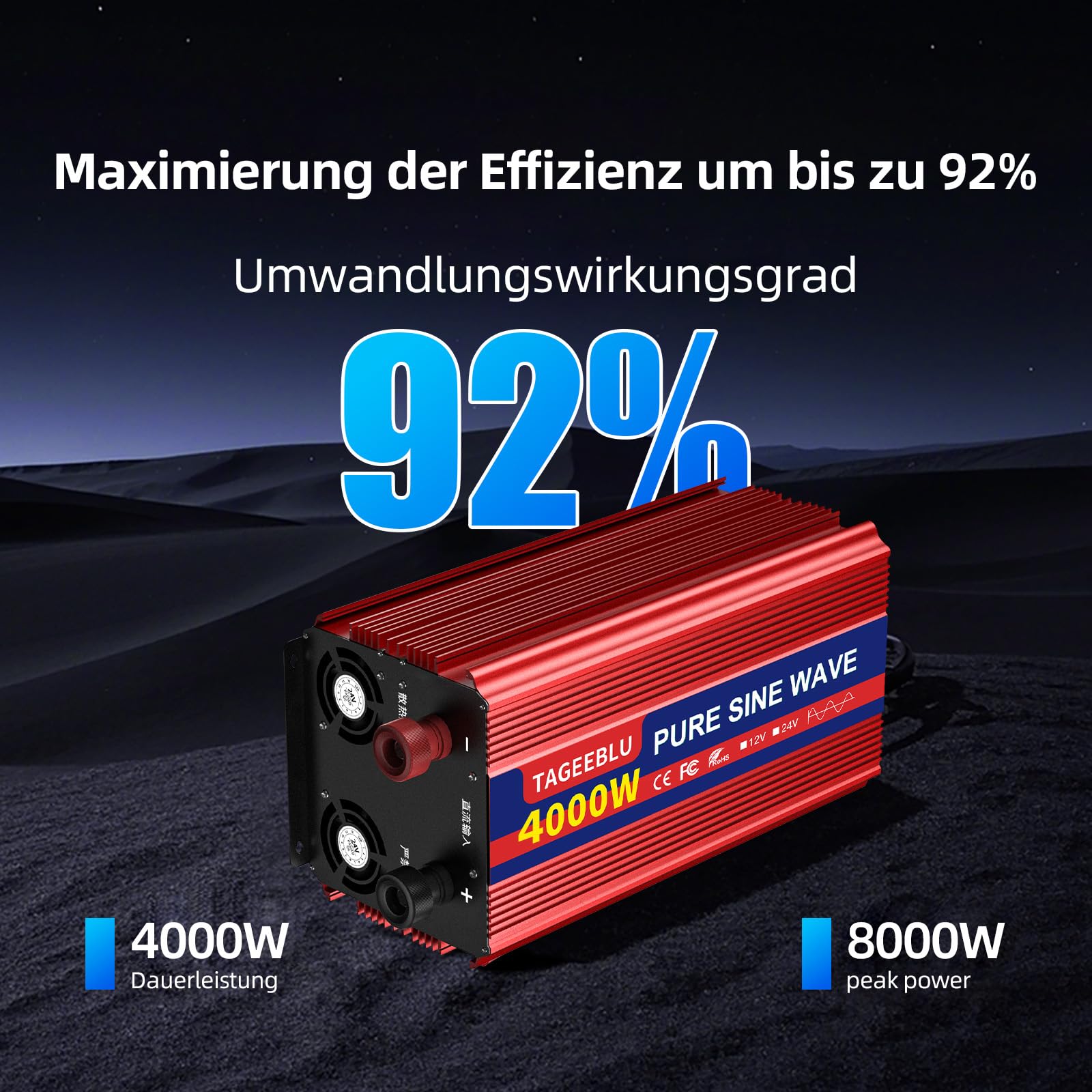 4000W 24V wechselrichter 24V auf 230V Reiner Sinus, spannungswandler 24v 230v, Wechselrichter für Fahrzeuge mit Alligatorclip, 2 EU Steckdose und LCD Bildschirm