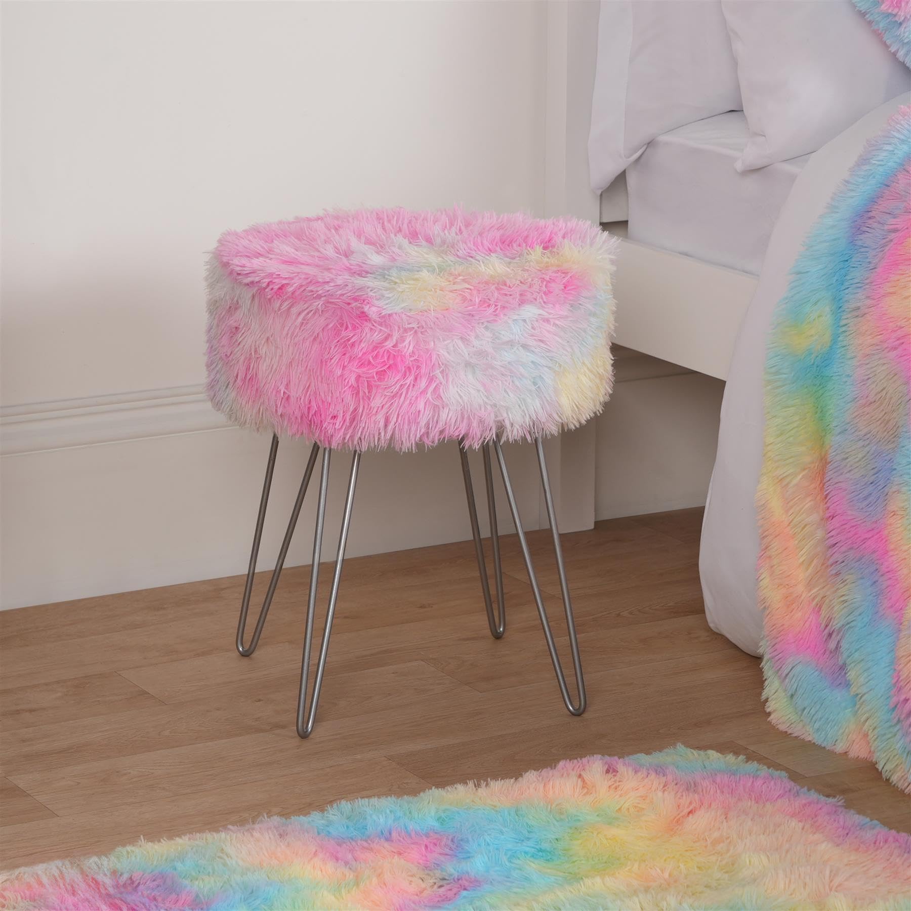 OHS Dressing Table Stool with Fluffy Hair Pin Legs Tie Dye, Soft & Stylish Multi-Colour Dressing Table Chair For Bedrooms Living Rooms & Dressing Areas, One Size