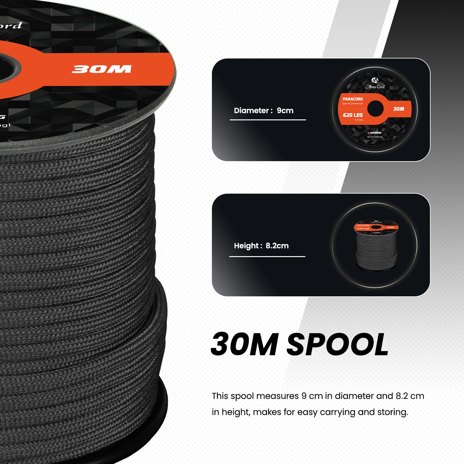 Abma Cord Paracord 4mm 9 Hebras 30m Cuerda de Nylon Cuerda Paracord Tipo III 620lbs - MAX. 280 kg - Negro — view 2