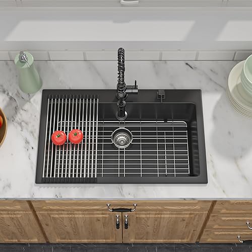 Miniatura 3 de Donsdey - Fregadero de cocina compuesto de granito 31 x 20 pulgadas, fregadero de cocina de granito montado en la parte superior, compuesto clásico